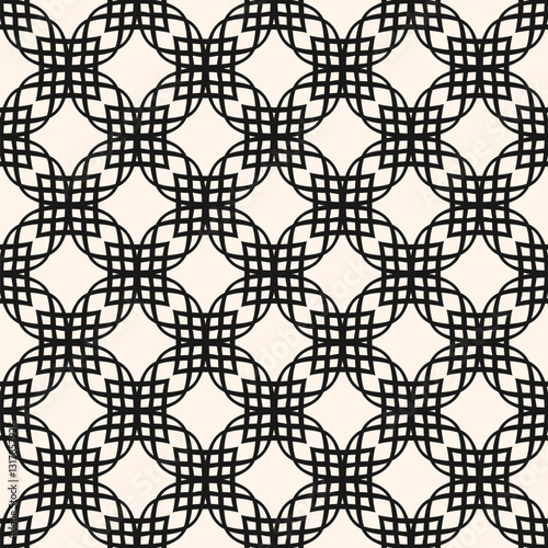 Vector abstract geometric ornamental seamless pattern. Elegant black and white ornament texture with thin curved lines, grid, lattice, tiles. Simple monochrome background. Repeated decorative design