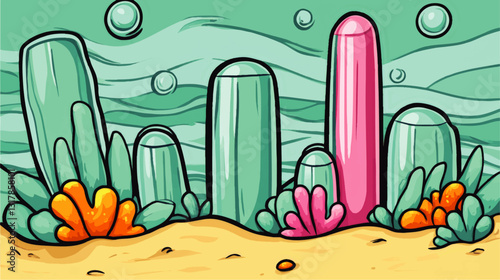 Vibrant Underwater Coral Reef Landscape Vector with Colorful Sea Plants and Unique Ocean Bubbles for Nature Illustration and Marine Theme Design