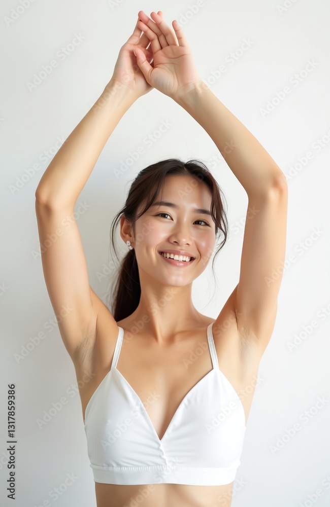 Young Asian woman raises hands showing smooth, clean armpits on white background. Beauty shot of armpit skincare hygiene procedure. Depilation concept, laser hair removal, underarm whitening. Young Asian woman raises hands showing smooth, clean armpits on white background. Beauty shot of armpit skincare hygiene procedure. Depilation concept, laser hair removal, underarm whitening.