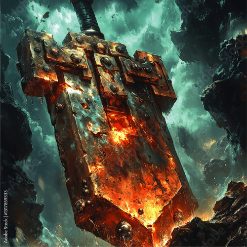 Epic Vector Image of Massive Fantasy Sword with Fiery Glow in Dramatic Mountain Landscape for Powerful Gaming Art, Digital Concept Design, and Adventure Themes