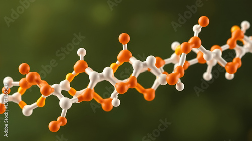 A stylized 3D illustration of a carbohydrate molecular structure, showcasing a complex network of carbon, hydrogen, and