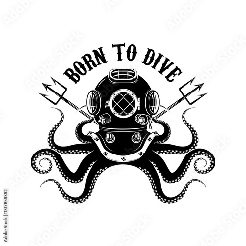 Born to dive. Set of vintage diver helmets, diver label templates and design elements.  Design elements for logo, label, emblem, sign, badge, brand mark. Vector illustration.