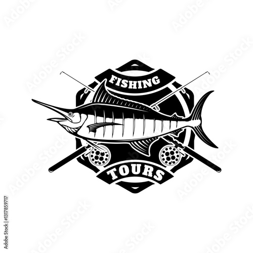 Marlin fishing. Swordfish icons. Deep sea fishing. Design elements for emblem, sign, brand mark. Vector illustration.