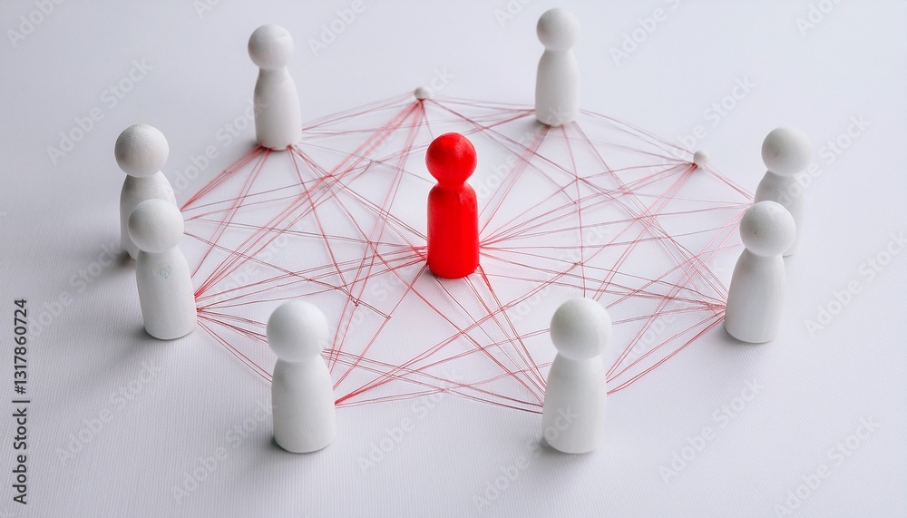 Obraz premium a red figure is the center of the interconnected network of white figures. It's about leadership and connection