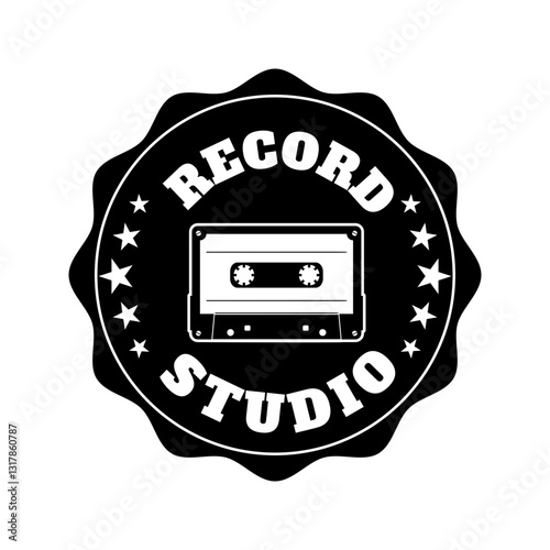 Radio labels. Retro radio, record studio, rock and roll radio emblems. Old style microphone, guitars. Design elements for logo, label, sign, badge.