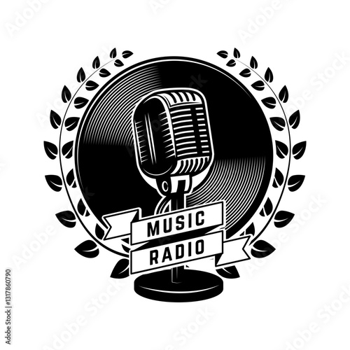 Radio labels. Retro radio, record studio, rock and roll radio emblems. Old style microphone, guitars. Design elements for logo, label, sign, badge.