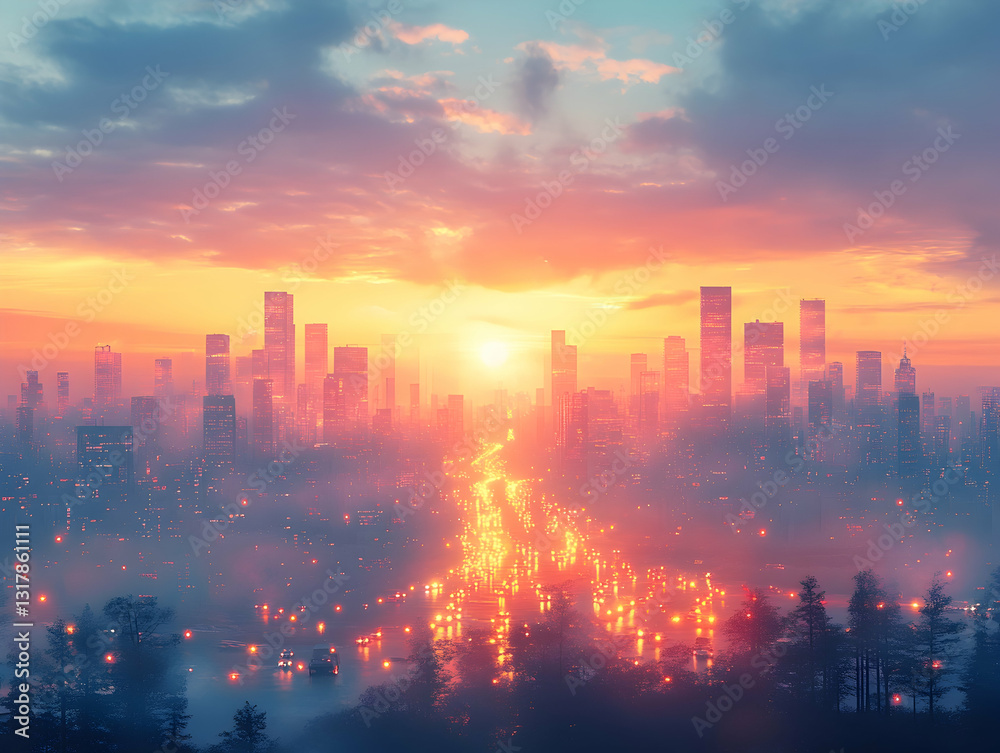 Fototapeta premium Sunrise over a futuristic city, bathed in warm light, with a highway stretching through the center, and fog enveloping the lower areas. Forests surround the city