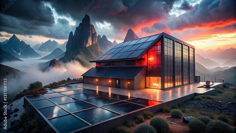 Obraz premium Eerie Night: Modern Solar Building in Misty Mountain Landscape