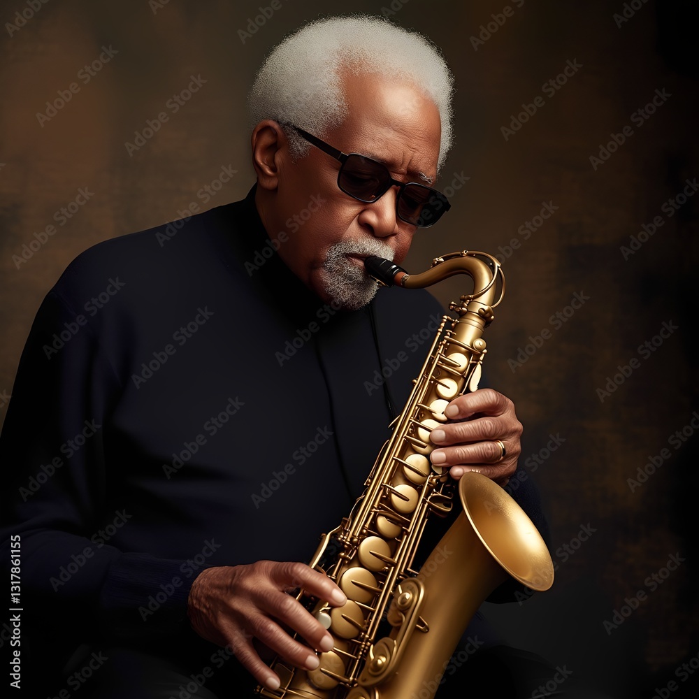 Fototapeta premium Elderly Jazz Saxophonist Playing with Passion in Studio Light