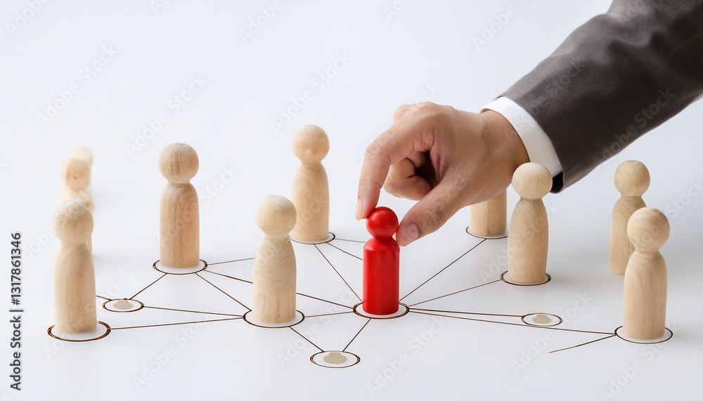 Obraz premium a person's hand carefully placing a red figure in the center of a network of interconnected wooden figures, symbolizing leadership and connection