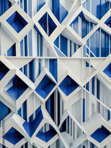 Abstract pattern with geometric shapes in blue and white  creating visual interest.