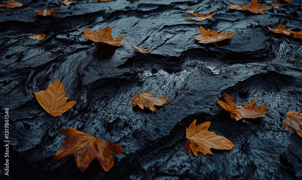 Fallen autumn leaves on dark wet textured ground, nature background Fallen autumn leaves on dark wet textured ground, nature background