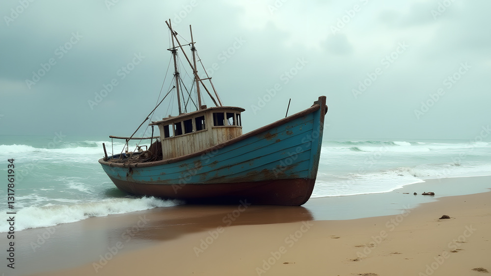 A weathered fishing boat with a faded blue hull rests on a sandy beach, partially covered by gentle waves, showcasing its age and neglect under a cloudy sky. A weathered fishing boat with a faded blue hull rests on a sandy beach, partially covered by gentle waves, showcasing its age and neglect under a cloudy sky.