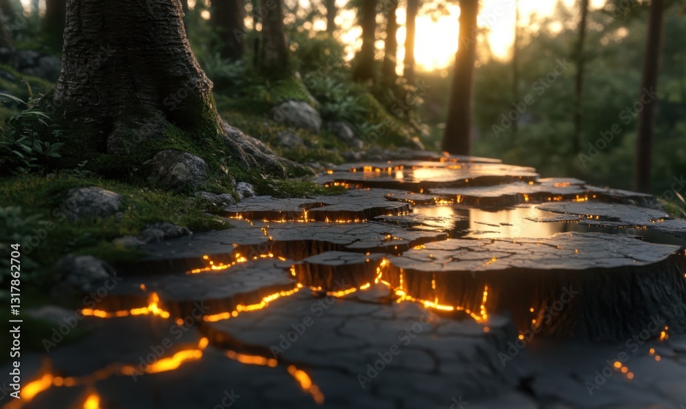 Naklejka premium Glowing forest path at sunset, fantasy scene