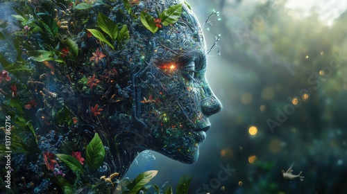 A digital painting of a woman's face with a glowing eye and surrounded by plants and flowers.