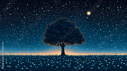 Silhouetted tree in a field of flowers under a starry night sky
