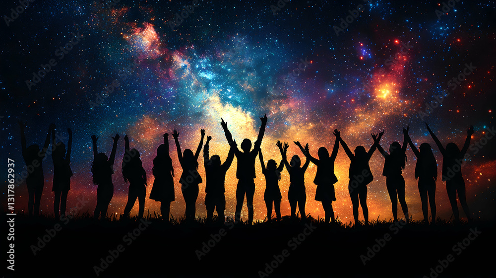 Silhouetted diverse group of people face a colorful star-filled sky with their arms raised. The image evokes feelings of celebration and inspiration. Silhouetted diverse group of people face a colorful star-filled sky with their arms raised. The image evokes feelings of celebration and inspiration.