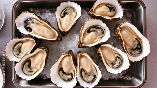 Culinary Delights: An overhead view captures a dozen freshly shucked oysters, elegantly arranged and ready to be savored.