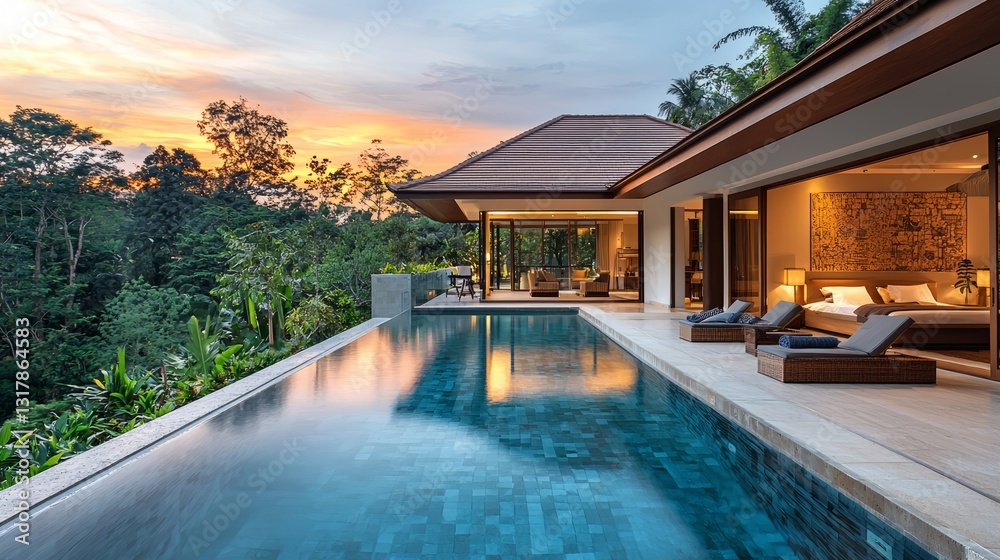 Fototapeta premium Serene Luxury Villa with Scenic Pool and Sunset in Tropical Landscape