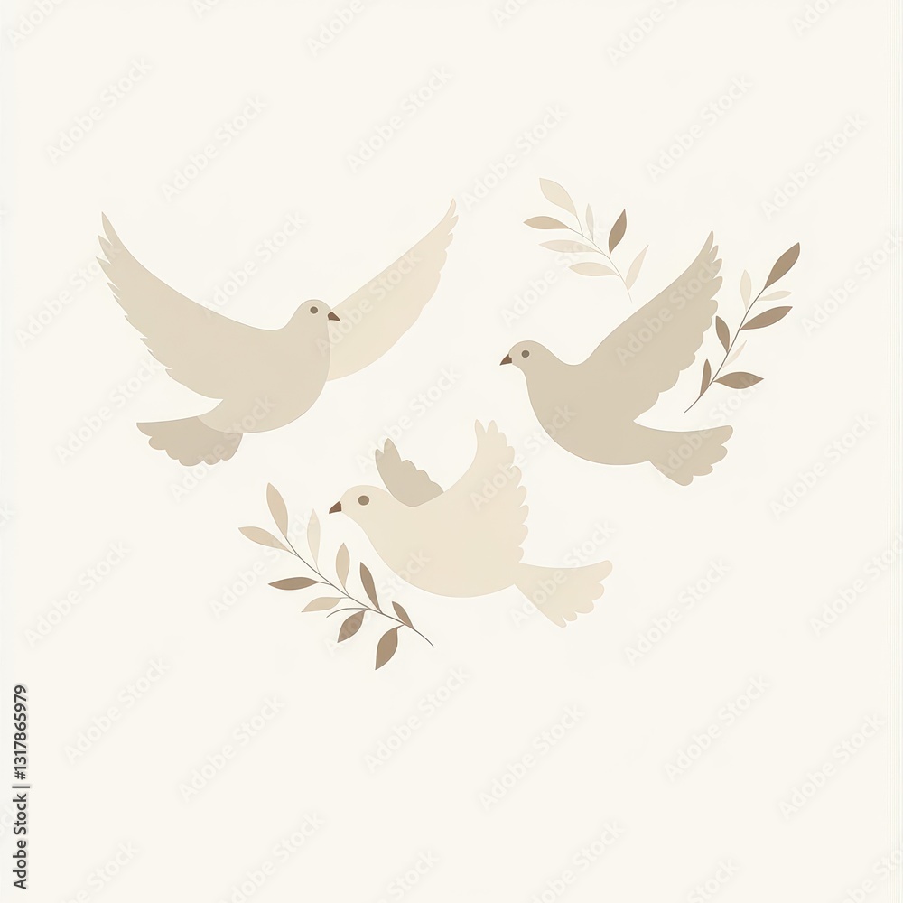Obraz premium Serene Trio of Peaceful Doves in Flight with Olive Branch Symbolizing Harmony and Unity in a Clean Vector Illustration