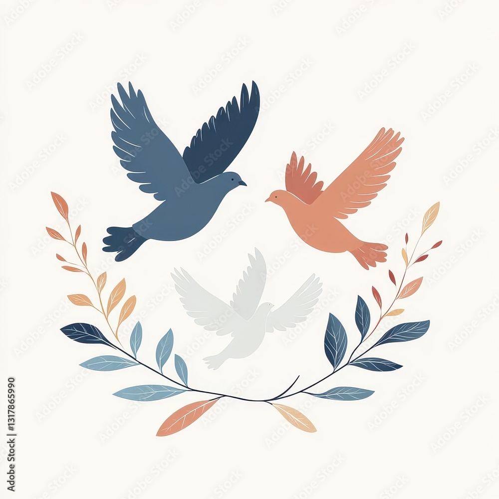 Obraz premium Serene Trio of Peaceful Doves in Flight with Olive Branch Symbolizing Harmony and Unity in a Clean Vector Illustration