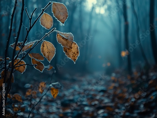 The forest awakens under a delicate blanket of frost, an ethereal scene painted in hues of blues and browns A serene stream meanders through the frosty foliage, its gentle murmur a tranquil symphony