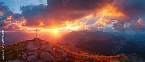 Fototapeta Naklejka Na Ścianę i Meble -  Silhouetted cross against majestic mountain sunset panorama