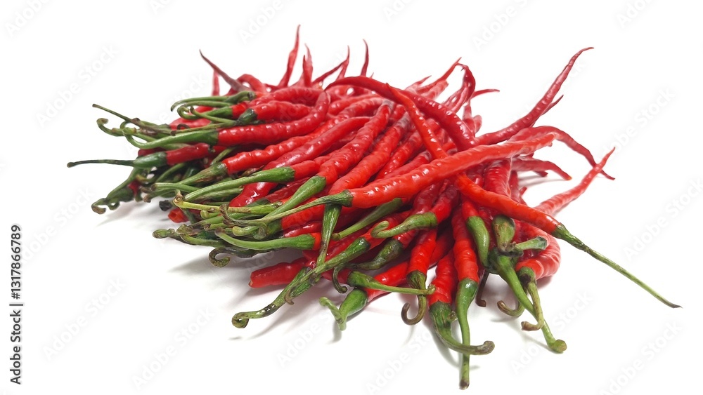 Fototapeta premium A close-up of fresh, red chilies or cayenne pepper with green stem. Perfect as a background, for spicy and delicious sensation. isolated on white background