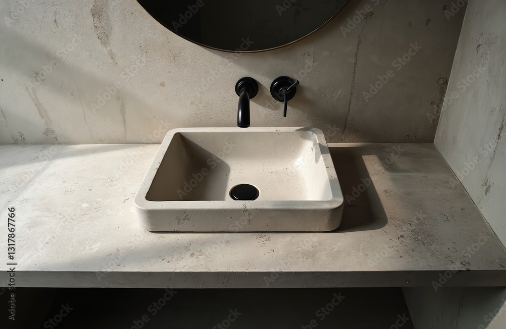 Fototapeta premium Minimalist bathroom interior. Concrete countertop with square washbasin, black faucet. Natural light from window, round mirror create soft shadows. Modern style with smooth texture, clean design.