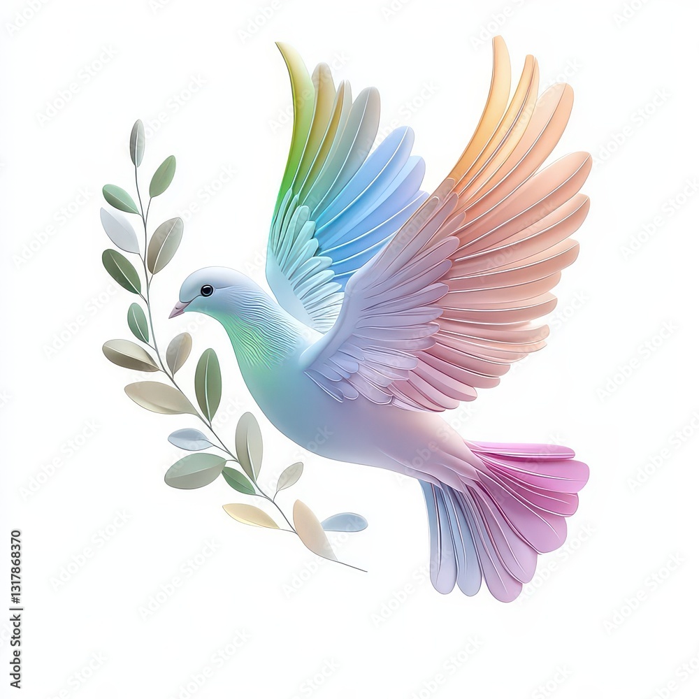 Obraz premium Vivid Rainbow-Hued Dove with Delicate Olive Branch Symbolizing Peace and Unity on a Crisp White Canvas