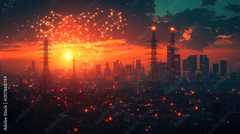 Fototapeta premium Sunset over a city skyline with power lines and digital connections illuminating the sky