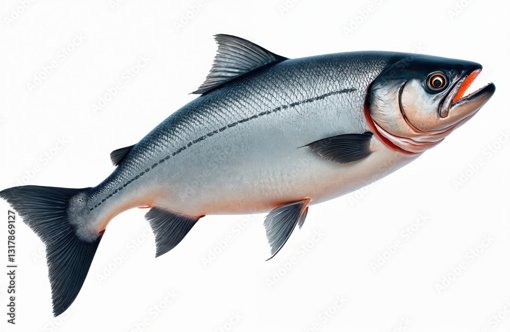 Obraz premium Isolated raw atlantic salmon. Fresh sea fish with silver scales, orange belly, black fins on white background. Close-up of whole seafood carcass for healthy nutrition, gourmet cooking.