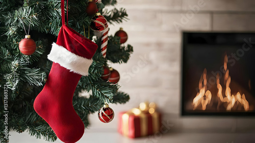 Red Christmas Stocking Hanging on Decorated Christmas Tree near Lit Fireplace in Cozy Living Room