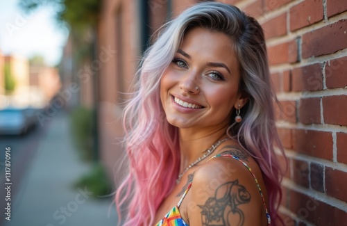 Smiling transgender woman stands near red brick wall. Person with pink and grey hair wearing rainbow dress. Tattoo on shoulder. Portrait of happy transexual girl on street. Pride concept.