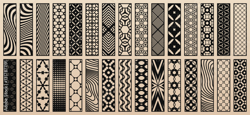 Big collection of 30 vector templates for laser cut. Abstract geometric patterns, modern ornaments, decorative panels. Stencils for CNC cutting of wood, paper, metal, plastic, iron. Aspect ratio 1:4