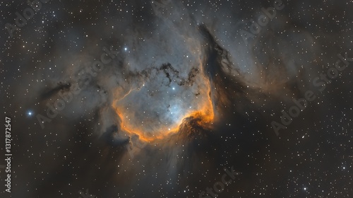 A luminous celestial nebula and its surrounding starry background is shown