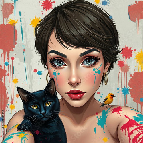 Vibrant Portrait of a Woman with a Black Cat and Colorful Paint Splashes