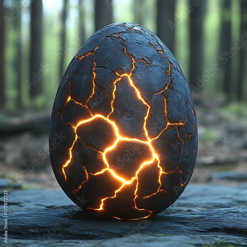 Cracked stone egg glows, forest background, fantasy