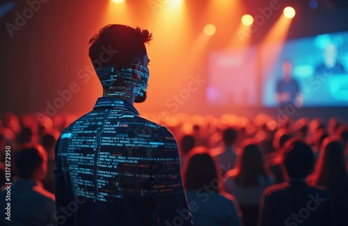 Back view of man at startup product demo event in front of live audience. Double exposure silhouette with tech interfaces. Energetic colors, bold lighting. Prototype presentation, innovation,