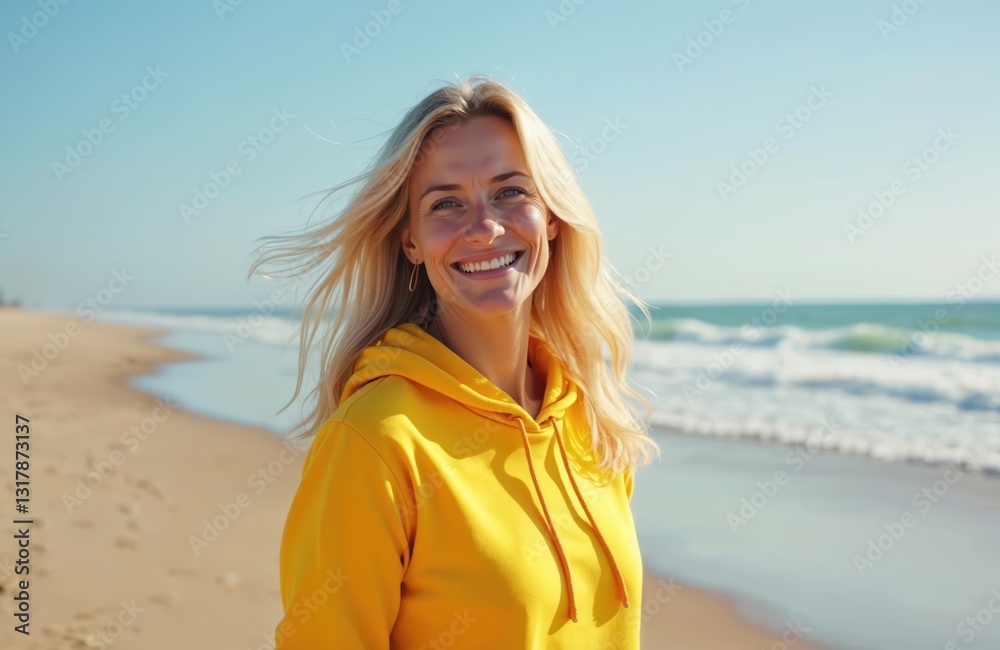 Naklejka premium Outdoor portrait of happy smiling blonde woman in yellow hoodie looking at camera on sea beach. Caucasian female 45 years old relaxes, enjoys vacation at sunny coast. Beautiful face close-up.