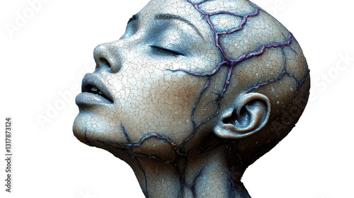 Futuristic Vector Art of Human Face with Cracked Skin and Vines - Detailed 3D Artistic Abstract Woman's Head with Textured Surface and Veins in High Resolution