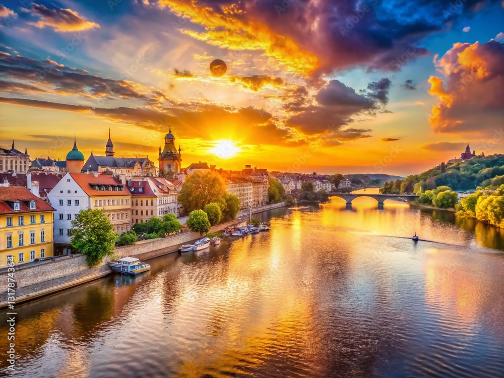 Fototapeta premium Prague Vltava River Sunset Waterfront - Scenic Cityscape View