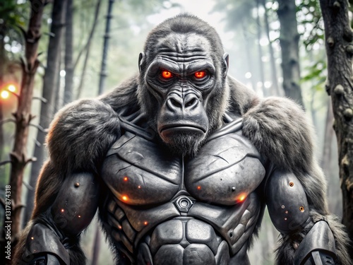 Powerful Gorilla Cyborg Dominates Dark Forest - Stock Photo