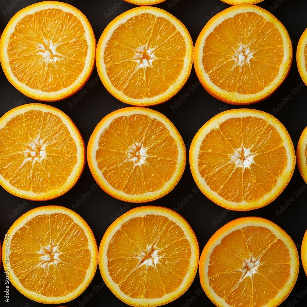 Orange slices arranged in a grid on a dark background Orange slices arranged in a grid on a dark background