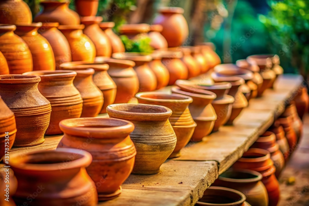 Rustic Clay Pots: Neat Row of Earthenware Planters, Tilt-Shift Photography Rustic Clay Pots: Neat Row of Earthenware Planters, Tilt-Shift Photography