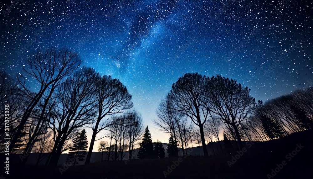 Fototapeta premium 幻想的な星星が輝く夜空と、木々のシルエット