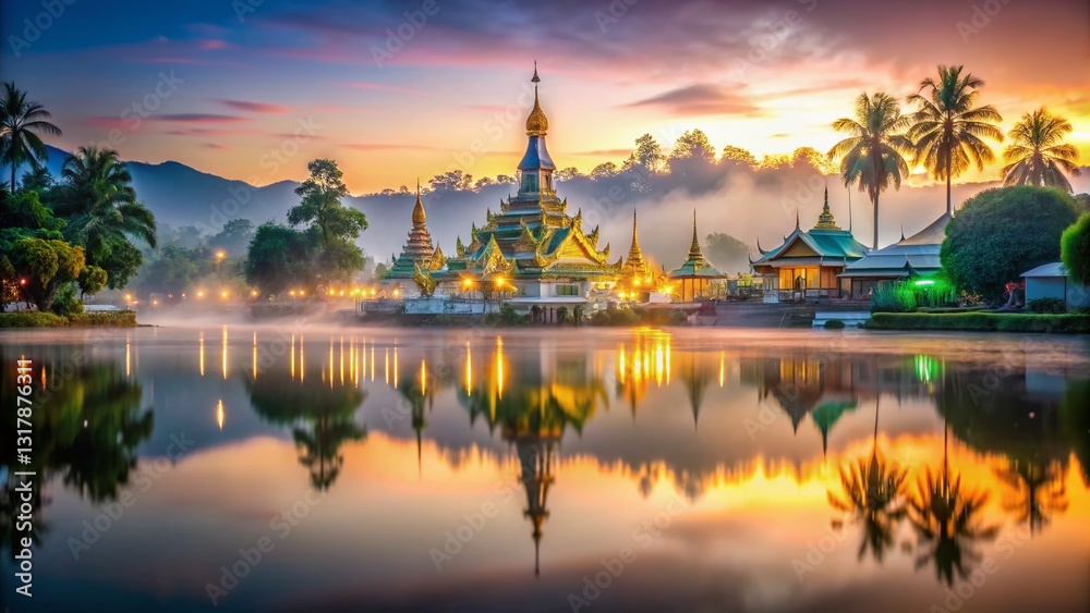 Fototapeta premium Serene Wat Chong Klang Temple on Lake, Mae Hong Son, Thailand - Sunrise Landscape Photography