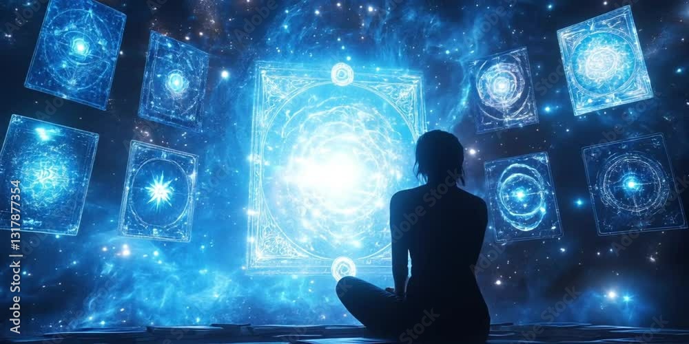 Cosmic Tarot Reading with Astrology, Numerology, and Esoteric Symbolism in a Mystical Celestial Setting
