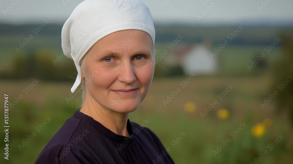 Smiling female farmer looking at the camera wearing a bonnet hat and modest outfit Smiling female farmer looking at the camera wearing a bonnet hat and modest outfit