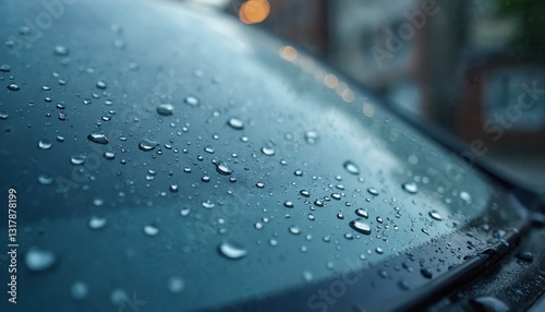 Close up of clean car windshield with water drops after rain, dew, water repellent treatment. Rainy day, water beading on auto glass. Macro photography of droplet with blurry background. photo